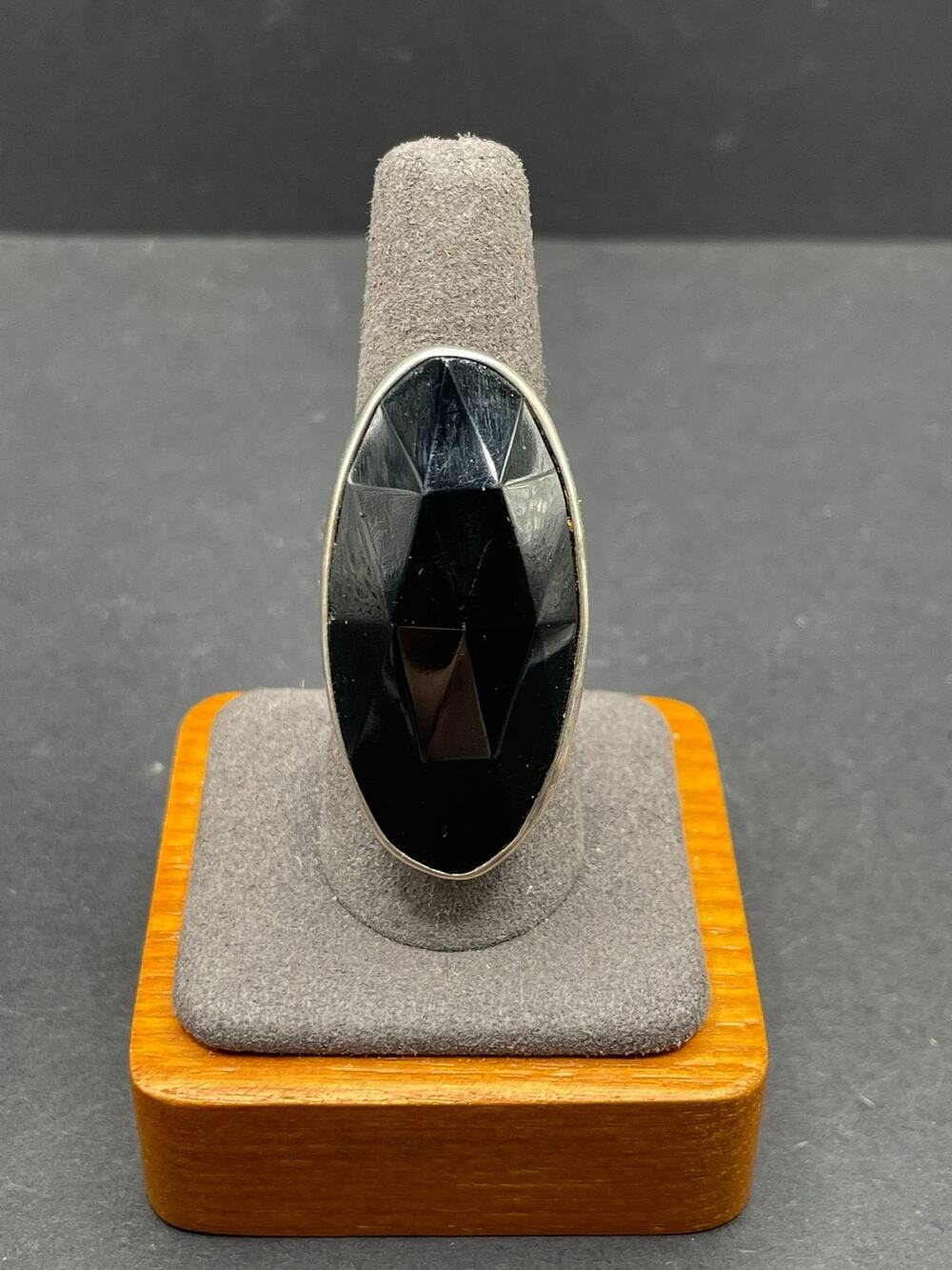 Sterling Silver 925 Statement Ring Black Faceted Stone Size 8.5 Bold Jewelry